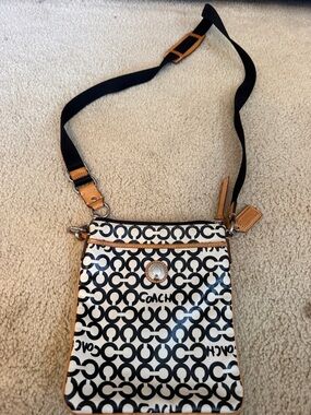 Coach Black & White Signature Crossbody with Tan Trim